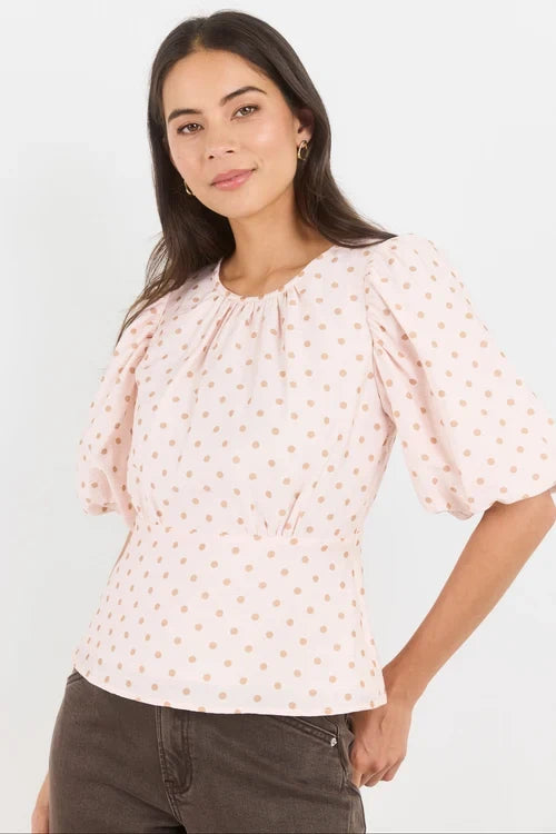 Stories Be Told Eventual Polkadot Top - Blush/Chocolate Apparel > Women > Clothing > Shirts & Tops > Blouses > Puff Sleeve Tops > Stories Be Told Hyde Boutique