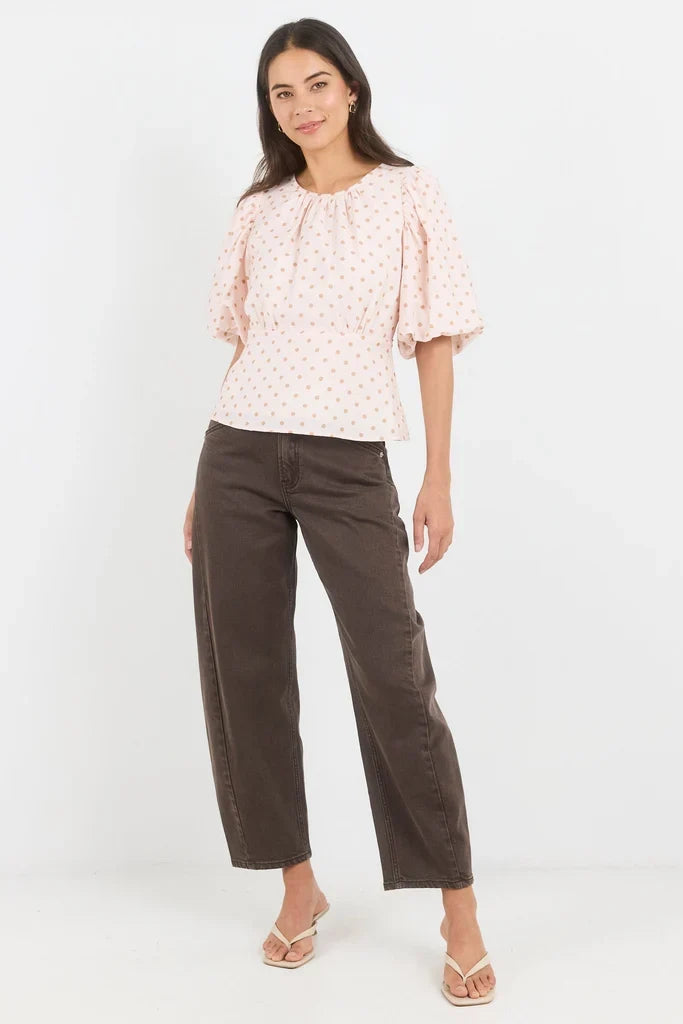 Stories Be Told Eventual Polkadot Top - Blush/Chocolate Apparel > Women > Clothing > Shirts & Tops > Blouses > Puff Sleeve Tops > Stories Be Told Hyde Boutique