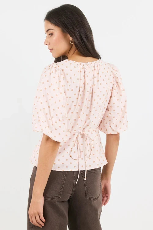 Stories Be Told Eventual Polkadot Top - Blush/Chocolate Apparel > Women > Clothing > Shirts & Tops > Blouses > Puff Sleeve Tops > Stories Be Told Hyde Boutique