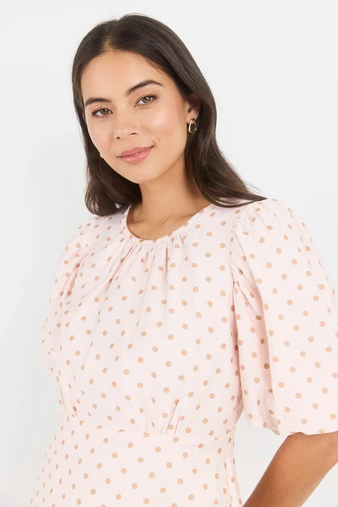 Stories Be Told Eventual Polkadot Top - Blush/Chocolate Apparel > Women > Clothing > Shirts & Tops > Blouses > Puff Sleeve Tops > Stories Be Told Hyde Boutique
