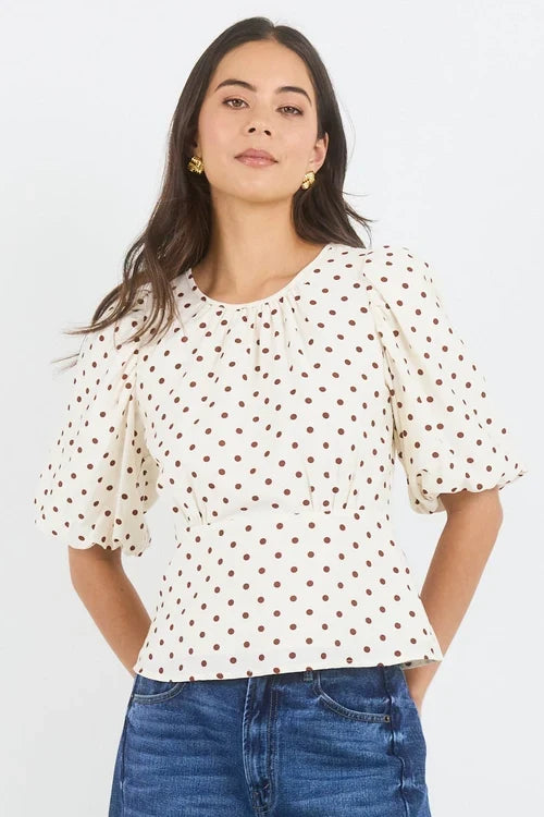 Stories Be Told Eventual Polkadot Top - Ivory/Chocolate Apparel > Women > Clothing > Shirts & Tops > Blouses > Puff Sleeve Tops > Stories Be Told Hyde Boutique