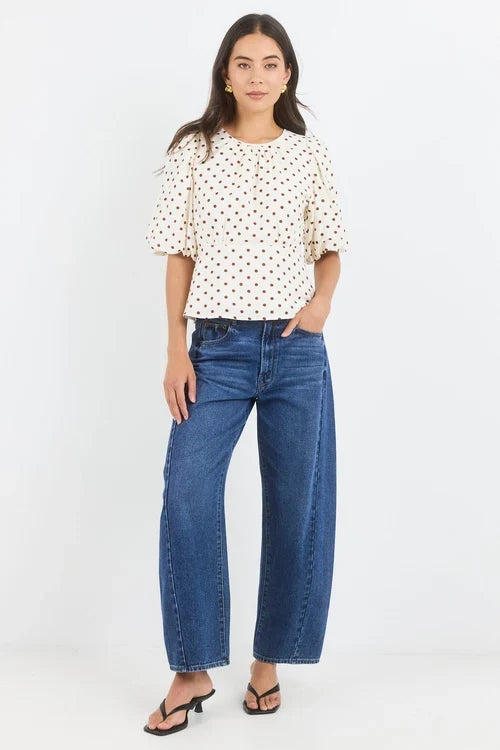 Stories Be Told Eventual Polkadot Top - Ivory/Chocolate Apparel > Women > Clothing > Shirts & Tops > Blouses > Puff Sleeve Tops > Stories Be Told Hyde Boutique