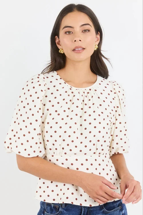 Stories Be Told Eventual Polkadot Top - Ivory/Chocolate Apparel > Women > Clothing > Shirts & Tops > Blouses > Puff Sleeve Tops > Stories Be Told Hyde Boutique