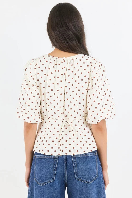 Stories Be Told Eventual Polkadot Top - Ivory/Chocolate Apparel > Women > Clothing > Shirts & Tops > Blouses > Puff Sleeve Tops > Stories Be Told Hyde Boutique