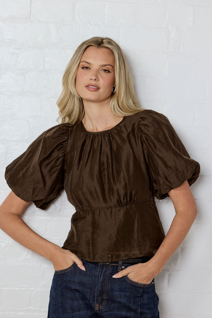 Stories Be Told Finali Puff Short Sleeve Top - Chocolate Clothing > Tops > Blouses > Short Sleeve Blouses > Puff Sleeve Tops > Stories Be Told Hyde Boutique