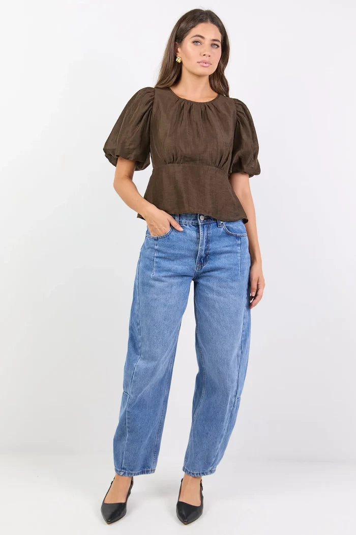 Stories Be Told Finali Puff Short Sleeve Top - Chocolate Clothing > Tops > Blouses > Short Sleeve Blouses > Puff Sleeve Tops > Stories Be Told Hyde Boutique