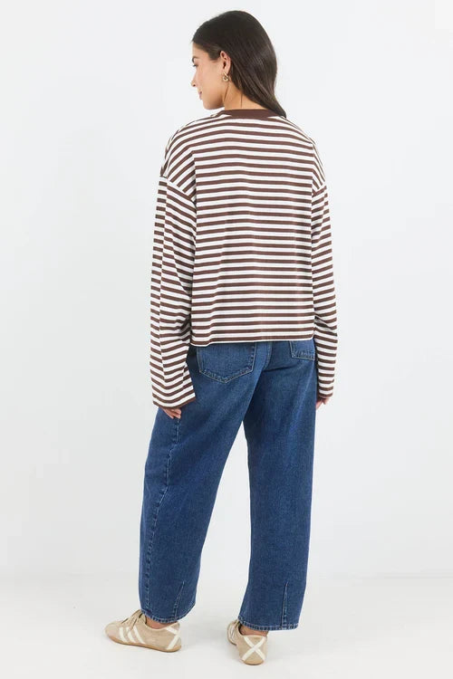 Stories Be Told Unite Stripe Long Sleeve - Chocolate Clothing > Tops > T-Shirts > Long Sleeve T-Shirts > Crew Neck > Stories Be Told Hyde Boutique