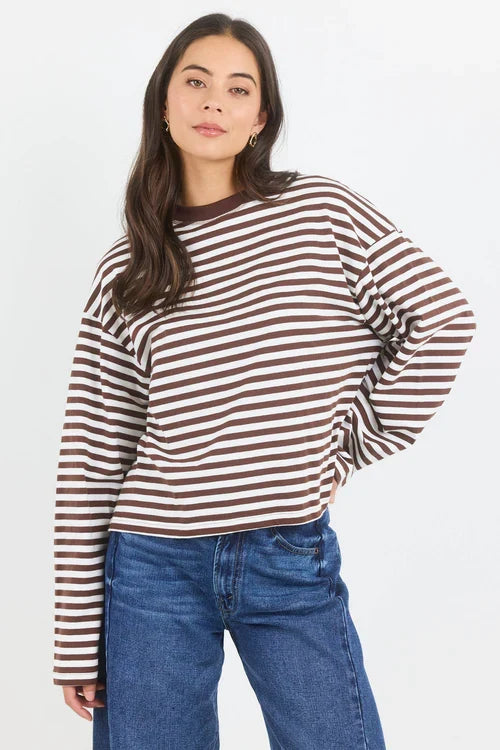 Stories Be Told Unite Stripe Long Sleeve - Chocolate Clothing > Tops > T-Shirts > Long Sleeve T-Shirts > Crew Neck > Stories Be Told Hyde Boutique