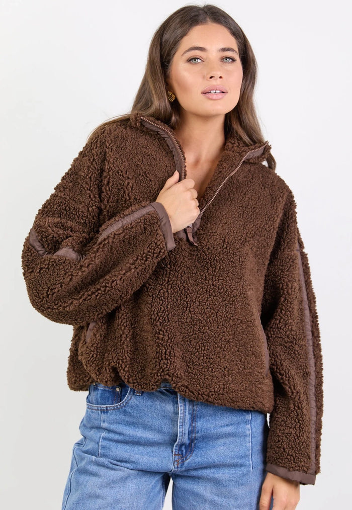 Stories Be Told Untold Quarter Zip Sherpa Sweatshirt - Chocolate Clothing > Knitwear > Sweatshirts > Quarter Zip Sweatshirts > Sherpa Sweatshirts > Stories Be Told Hyde Boutique
