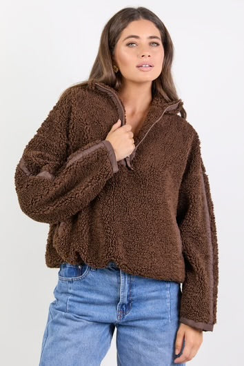 Stories Be Told Untold Quarter Zip Sherpa Sweatshirt - Chocolate Clothing > Knitwear > Sweatshirts > Quarter Zip Sweatshirts > Sherpa Sweatshirts > Stories Be Told Hyde Boutique