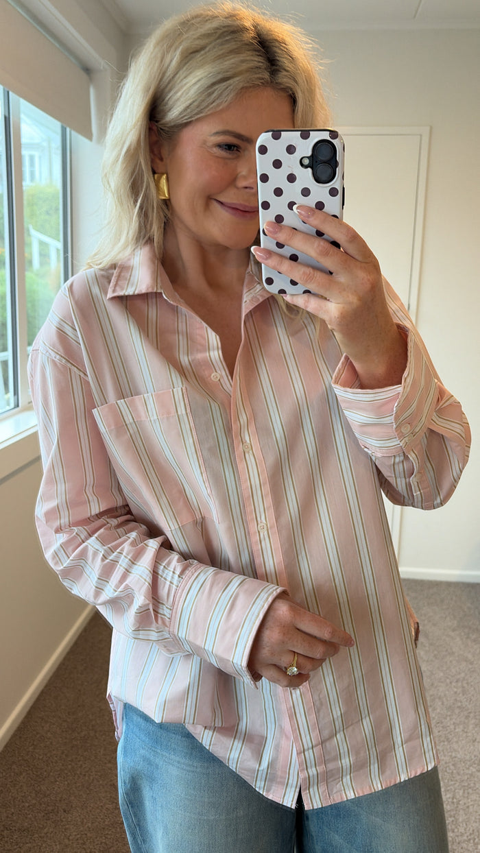 Stories Be Told You Got This Pink Beige Stripe Oversized Boyfriend Shirt Hyde Boutique