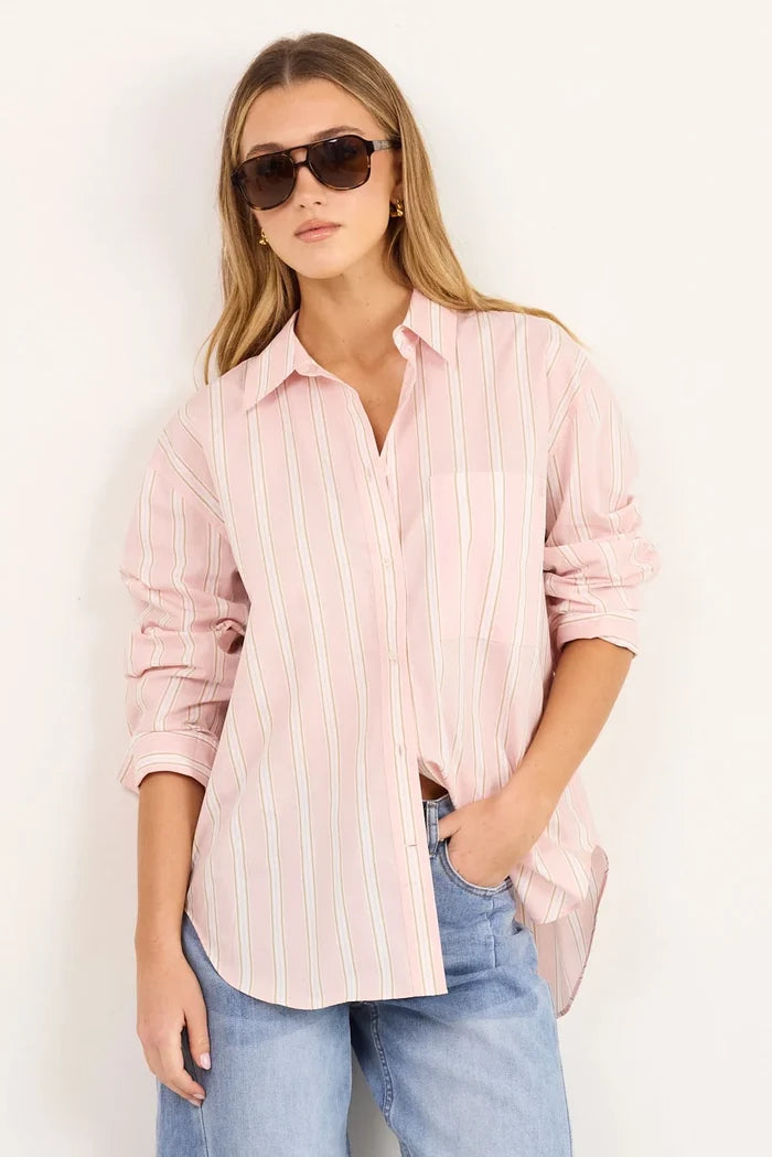 Stories Be Told You Got This Pink Beige Stripe Oversized Boyfriend Shirt Hyde Boutique