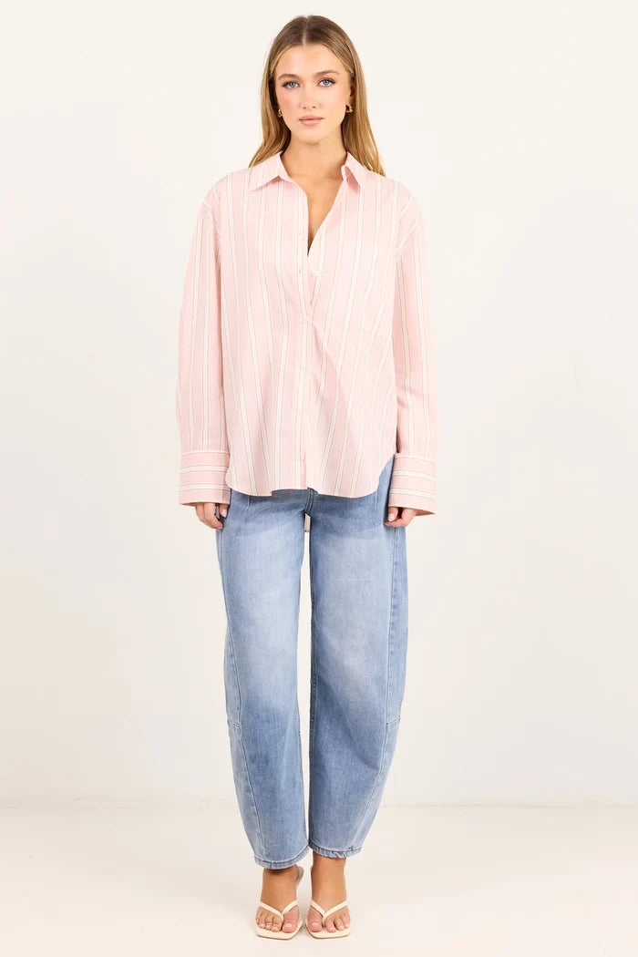 Stories Be Told You Got This Pink Beige Stripe Oversized Boyfriend Shirt Hyde Boutique