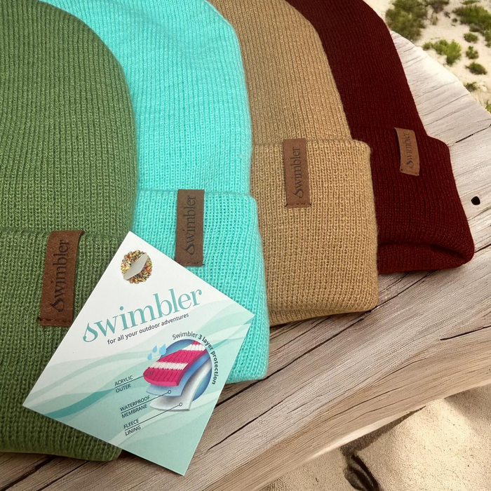 Swimbler Waterproof Beanie collection in peppermint, forest green, fawn and burgundy with  triple-layer waterproof protection — Outdoor Swimmer Shop.
