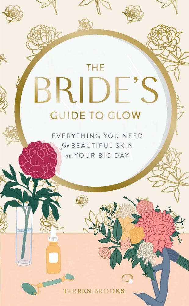 The cover of 'The Bride's Guide to Glow' features an elegant design with floral illustrations, a bottle of skincare product, and the text of the title.