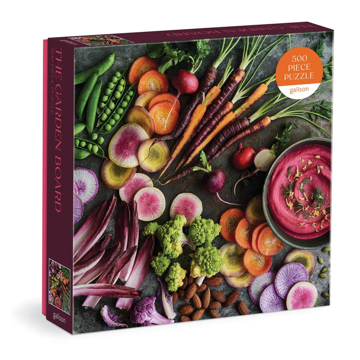 A 500 piece jigsaw puzzle box featuring a colorful array of pickled vegetables on the cover, indicating a garden-themed puzzle experience.