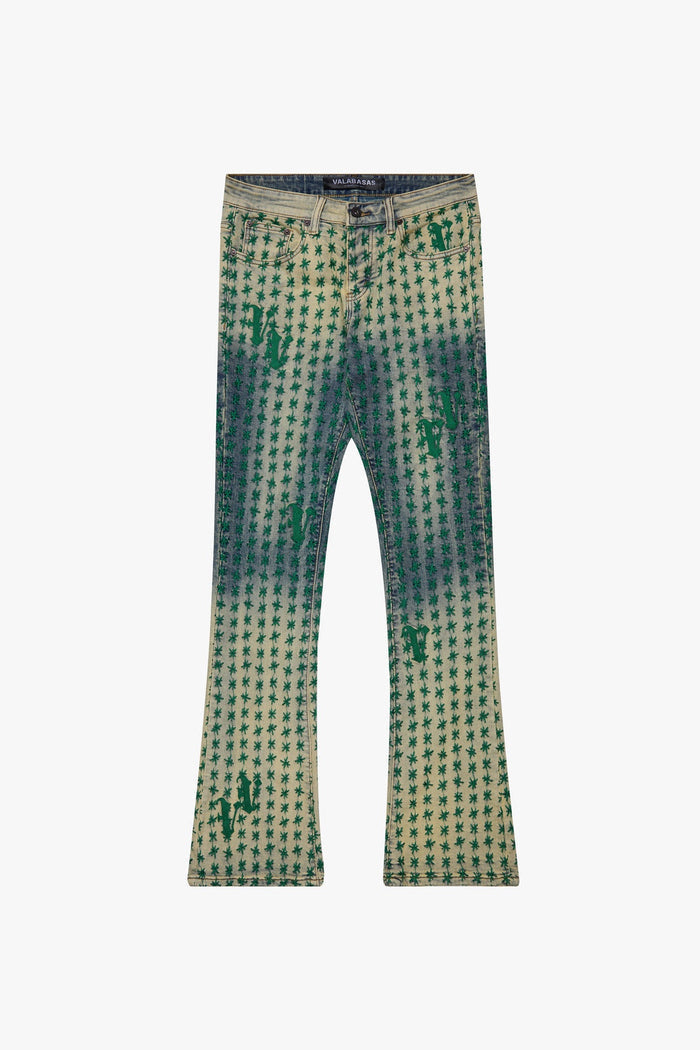 Valabasas Asterisk Blue/Green Stacked Flare Jeans with Distressed Detailing and Frayed Hem