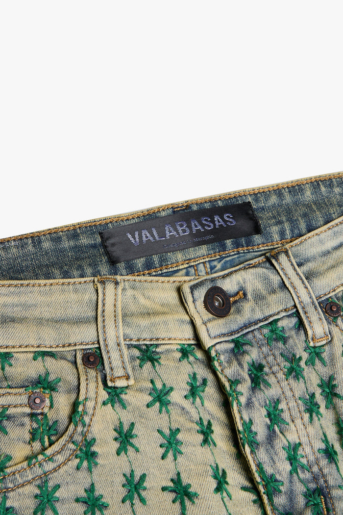 Valabasas Asterisk Blue/Green Stacked Flare Jeans - trendy, stylish denim bottoms with unique stacked flare design in a beautiful blue and green color scheme