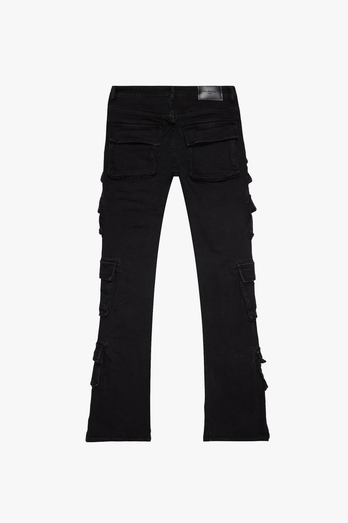 Valabasas Pinnacle Black Wash Stacked Flare Jeans - High-rise stretch denim with a flared leg and distressed details