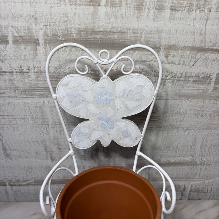 White Metal Butterfly Chair Plant Stand with Terracotta Pot