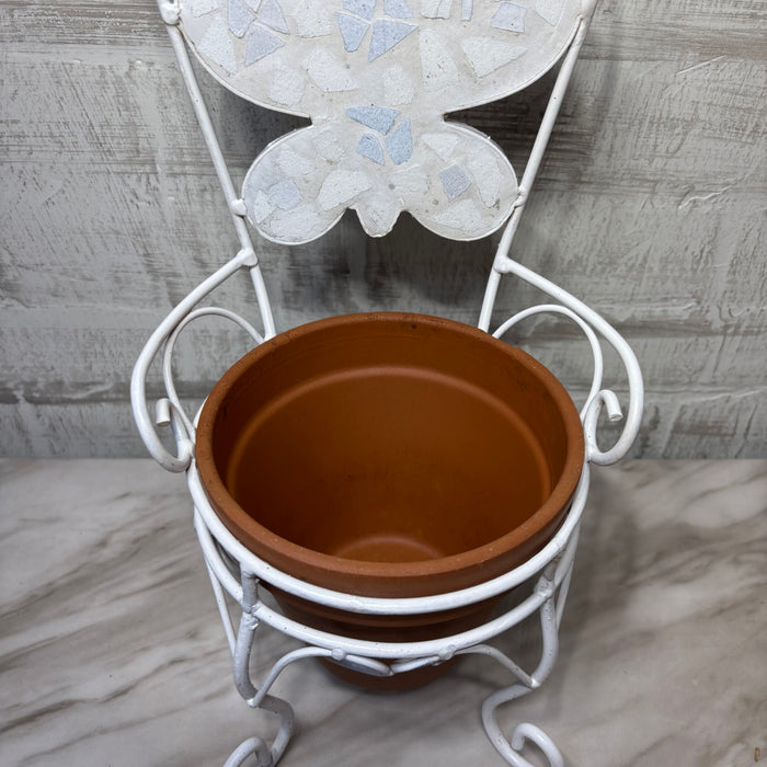 White Metal Butterfly Chair Plant Stand with Terracotta Pot