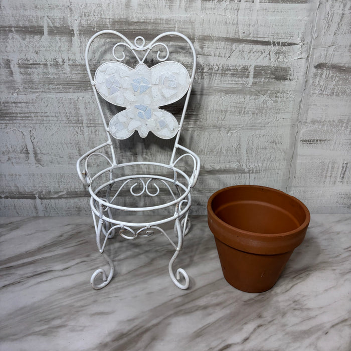 White Metal Butterfly Chair Plant Stand with Terracotta Pot