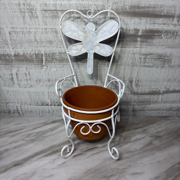 White Metal Dragonfly Chair Plant Stand with Terracotta Pot