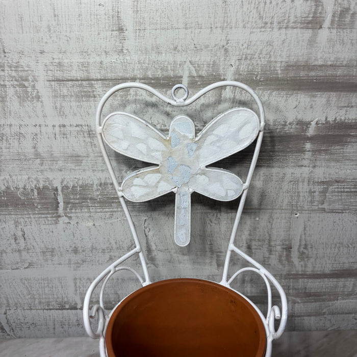 White Metal Dragonfly Chair Plant Stand with Terracotta Pot