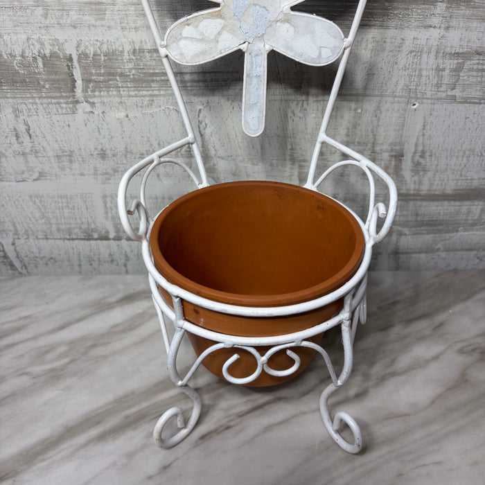 White Metal Dragonfly Chair Plant Stand with Terracotta Pot