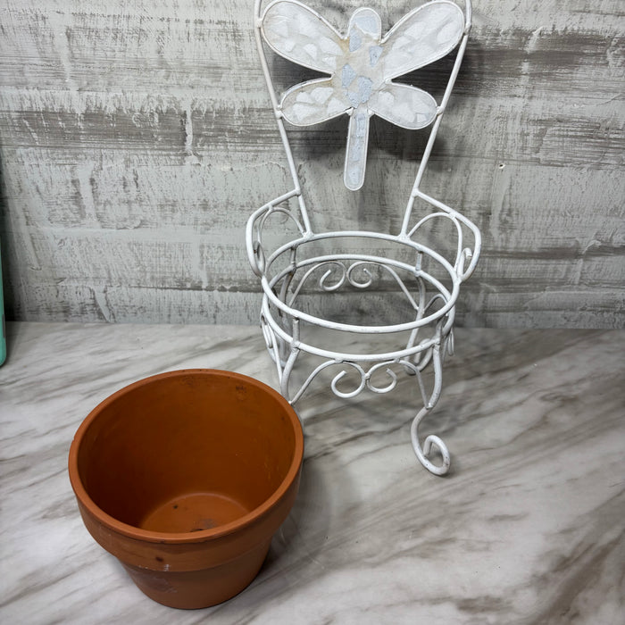White Metal Dragonfly Chair Plant Stand with Terracotta Pot